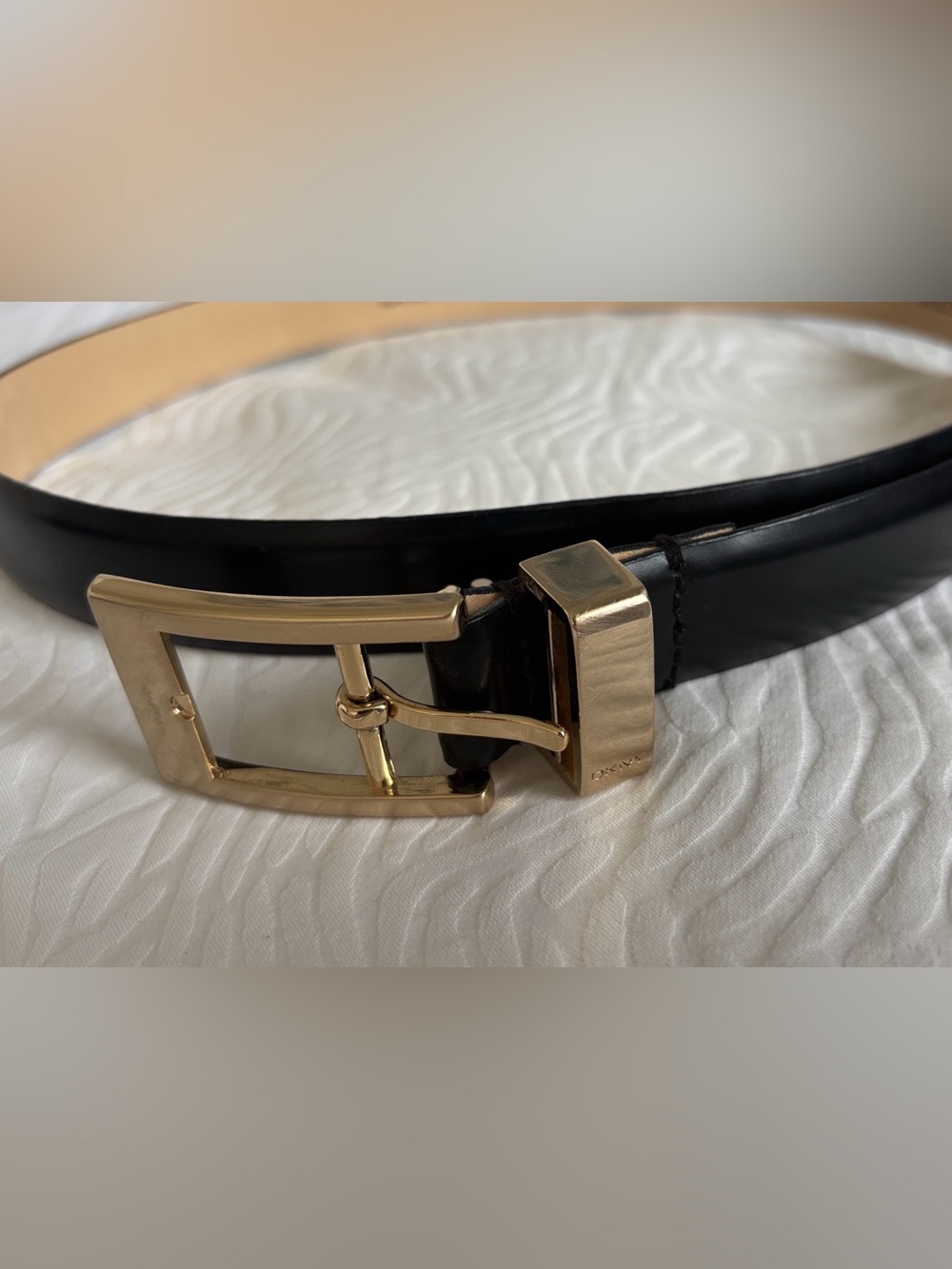 DKNY Black Leather Belt with Gold-Tone Buckle